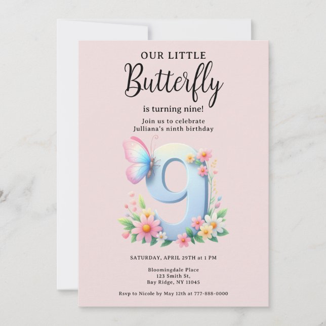 A Little Butterfly 9th Birthday Cute Number Font  Invitation (Front)