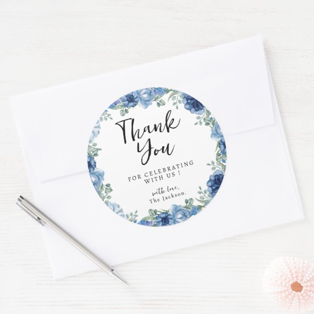 A Little Butterfly Blue Floral Rustic Thank You Classic Round Sticker (Envelope)