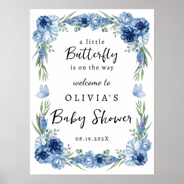 A Little Butterfly Blue Floral Rustic Welcome Sign (Front)