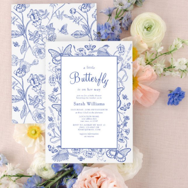 A Little Butterfly Blue & White Floral Baby Shower Invitation (Baby Shower Invitation)