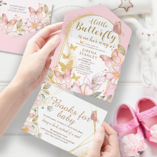 A Little Butterfly   Gold Glitter Pink Baby Shower All In One Invitation
