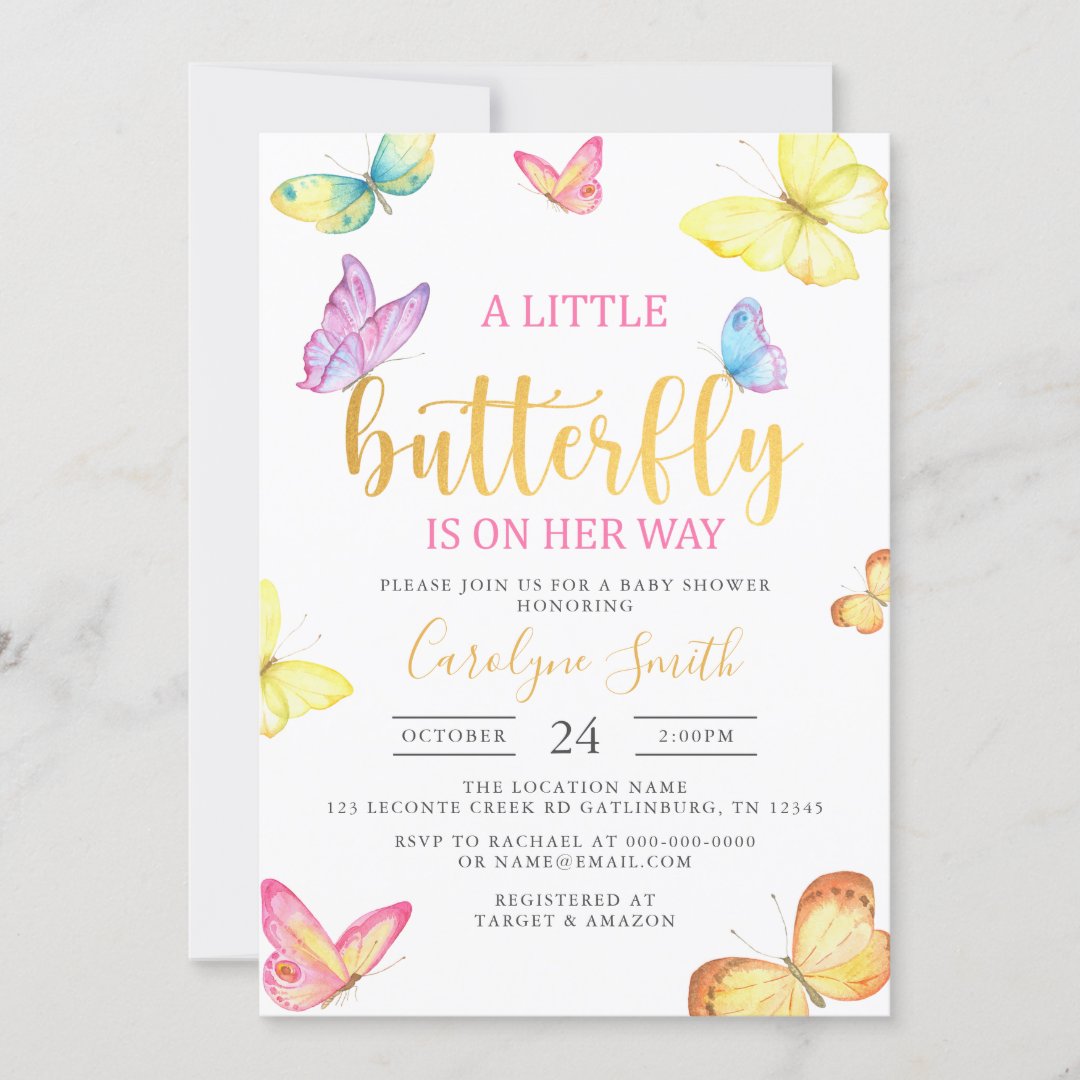 A Little Butterfly Is On Her Way Gold Baby Shower Invitation | Zazzle