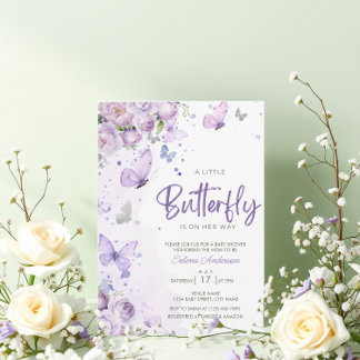 " A Little Butterfly" Purple Floral Baby Shower Invitation