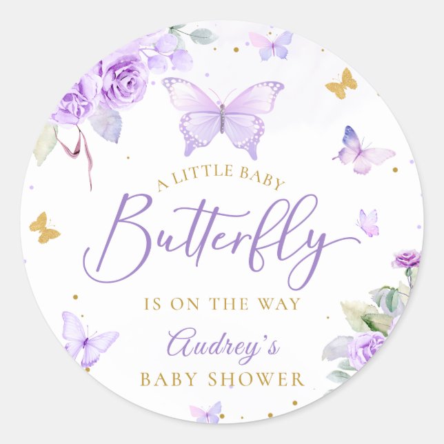 A Little Butterfly Purple Gold Floral Baby Shower Classic Round Sticker (Front)
