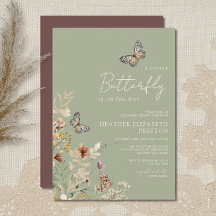 A Little Butterfly Wildflower Green Baby Shower Invitation