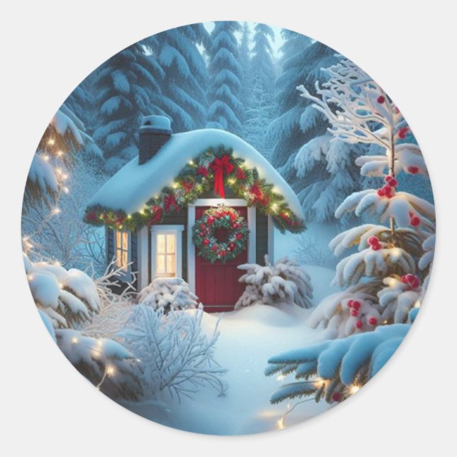 A Little Cabin in the Woods | Festive Christmas Classic Round Sticker (Front)