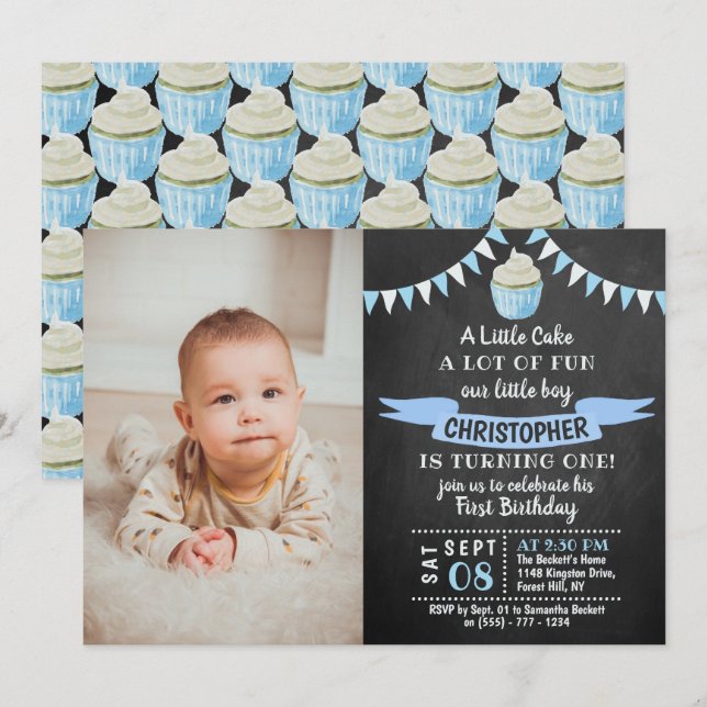 A Little Cake Chalkboard Photo 1st Birthday Invitation (Front/Back)