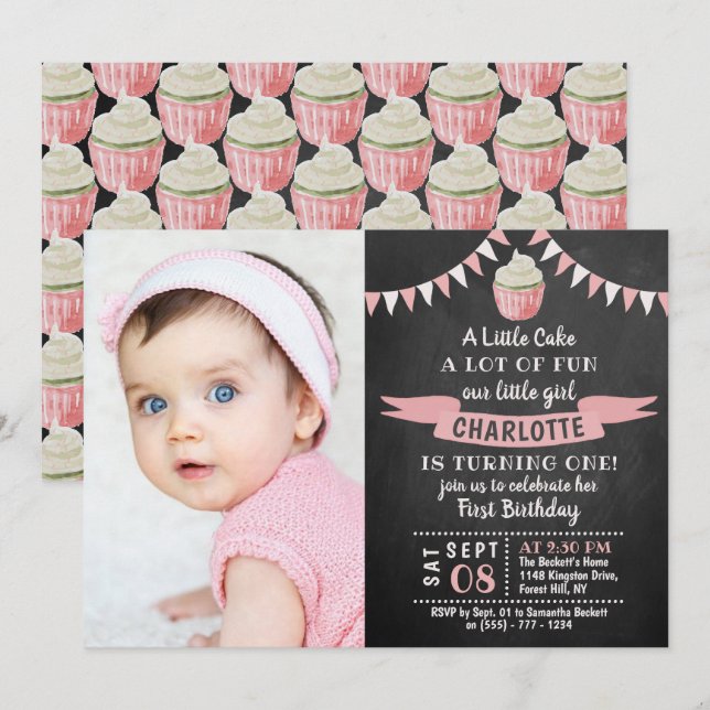 A Little Cake Chalkboard Photo 1st Birthday Invitation (Front/Back)