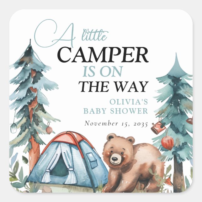 A Little Camper Forest Baby Shower Square Sticker (Front)