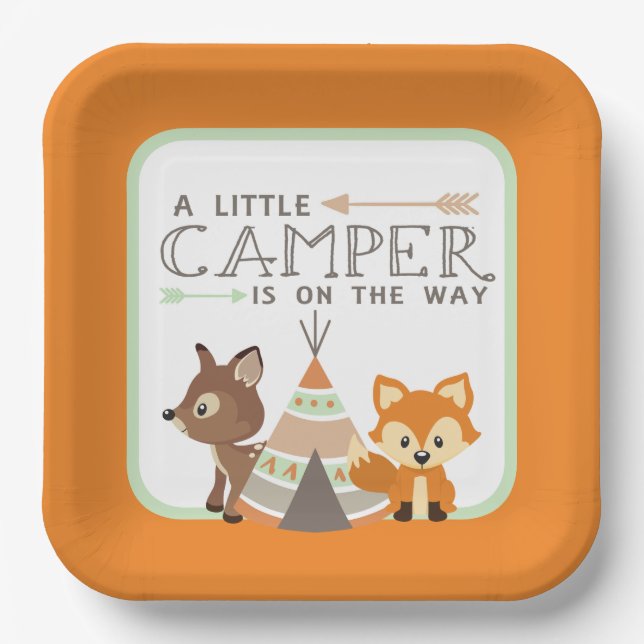 A Little Camper Teepee Baby Shower Orange Paper Plate (Front)