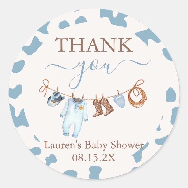 A little Cowboy Blue Baby Shower Boy Classic Round Sticker (Front)