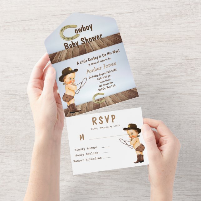 A Little Cowboy Is On His Way Baby Shower All In One Invitation (Tearaway)