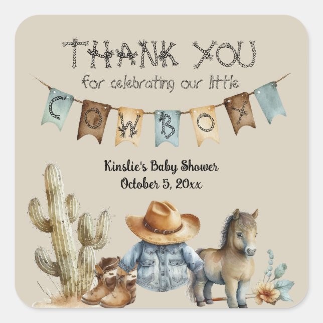 A Little Cowboy is on the Way Baby Shower Favour Square Sticker (Front)