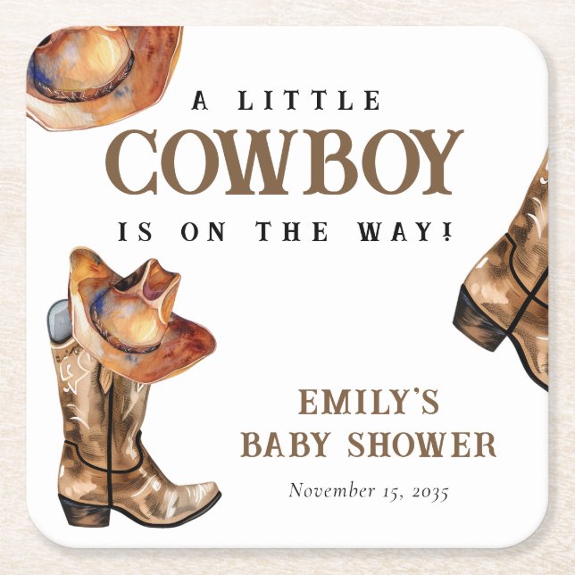 A Little Cowboy Western Baby Shower Square Paper Coaster (Front)