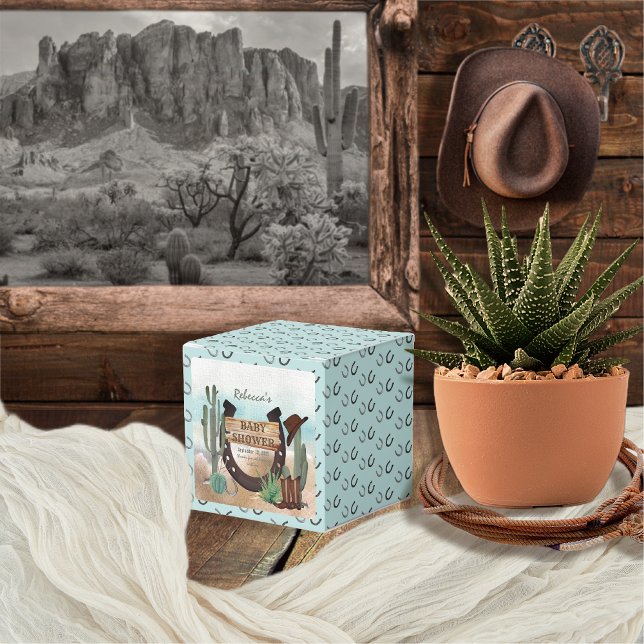 A Little Cowboy Western Boy Baby Shower Favor Box (Rustic Western Boy Baby Shower Square Favor Box -- "A Little Cowboy Is On His Way" Collection)