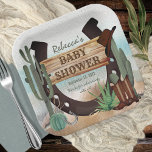 A Little Cowboy Western Boy Baby Shower Paper Plate<br><div class="desc">"A Little Cowboy Is On His Way" and we know you are so excited! Celebrate the Mom (or Parents) to Be in rustic western cow poke style with this boy "Baby Shower" design. Features a watercolor sand base with assorted cacti, a horseshoe, boots and cowboy hat along with a rustic...</div>