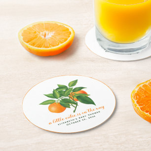 A Little Cutie Baby Shower Orange & Citrus Leaves Round Paper Coaster