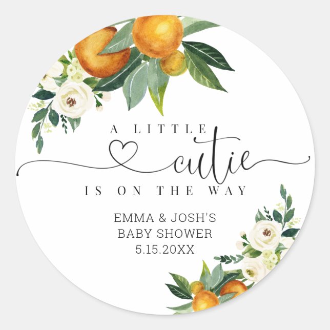 A Little Cutie Is On The Way Baby Shower Sticker (Front)