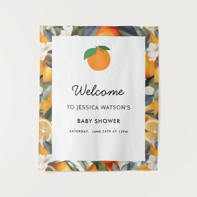 A Little Cutie is on the Way Citrus Baby Shower Tapestry (Front)