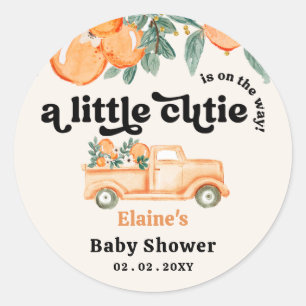 A Little Cutie Is On The Way Orange Baby Shower Classic Round Sticker