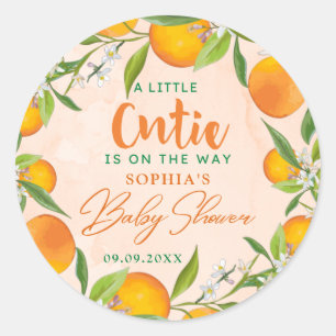 A Little Cutie Is On The Way Orange Baby Shower Classic Round Sticker