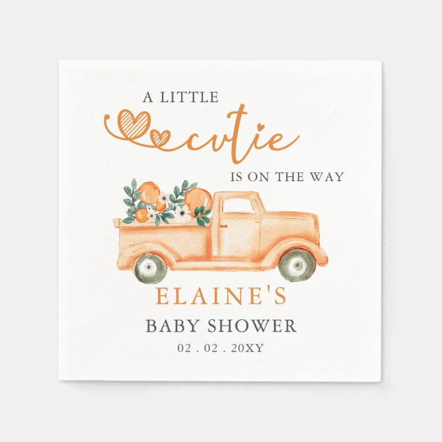 A Little Cutie Is On The Way Orange Baby Shower  Napkin (Front)