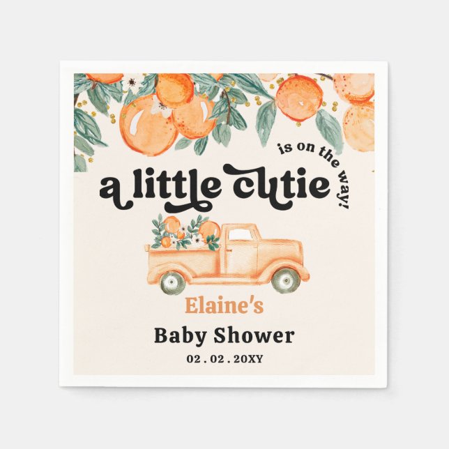 A Little Cutie Is On The Way Orange Baby Shower  Napkin (Front)
