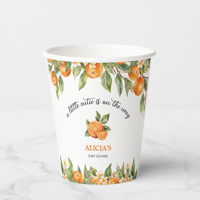 A Little Cutie is on the Way Orange Baby Shower Paper Cups (Front)