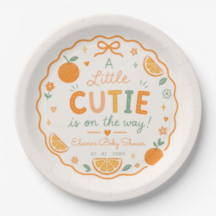 A Little Cutie Is On The Way Orange Baby Shower Paper Plate