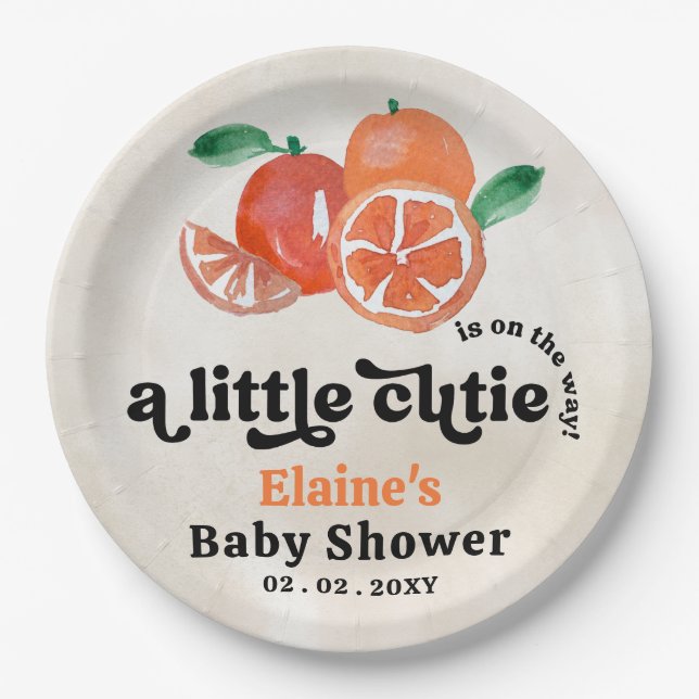A Little Cutie Is On The Way Orange Baby Shower  Paper Plate (Front)