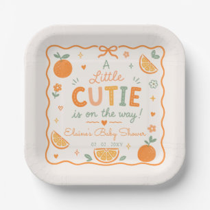 A Little Cutie Is On The Way Orange Baby Shower Paper Plate