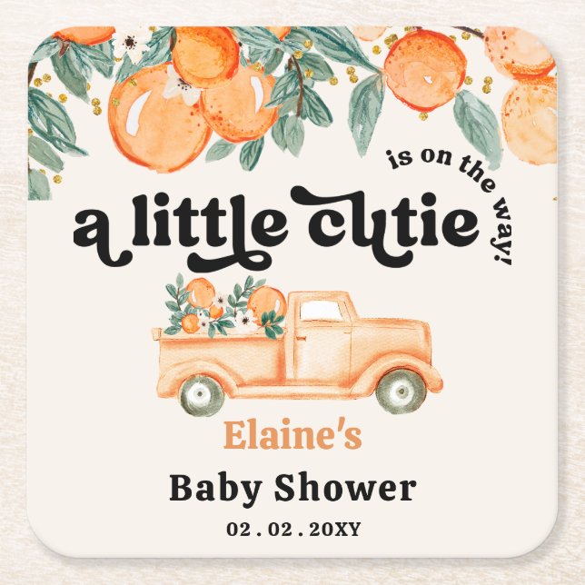 A Little Cutie Is On The Way Orange Baby Shower  Square Paper Coaster (Front)