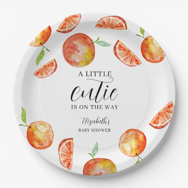 A Little Cutie on the Way Baby Shower Orange  Paper Plate (Front)