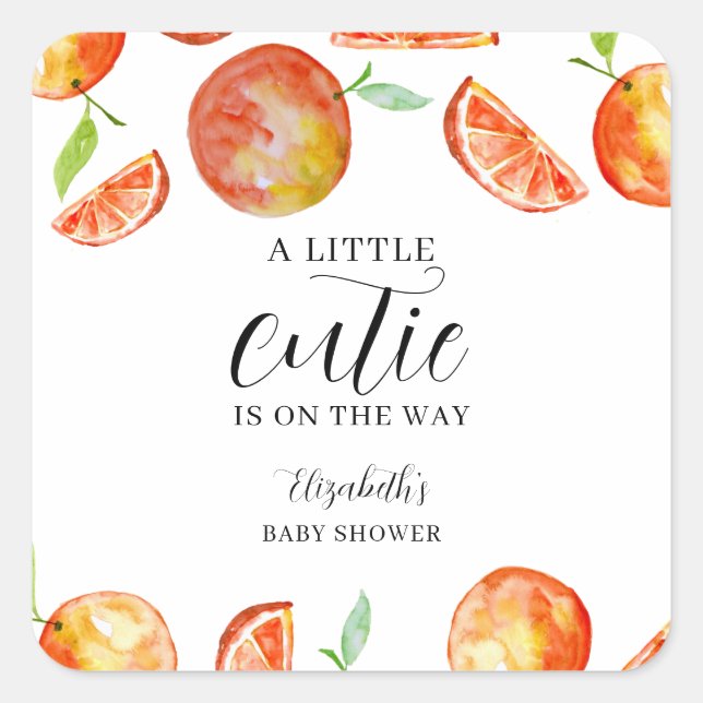 A Little Cutie on the Way Baby Shower Orange  Square Sticker (Front)