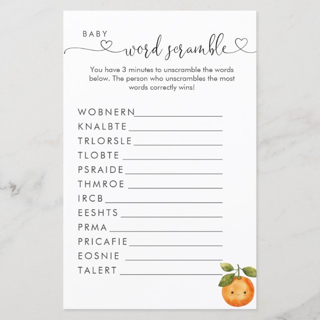 A Little Cutie Orange Clementine  Word Scramble  (Front)