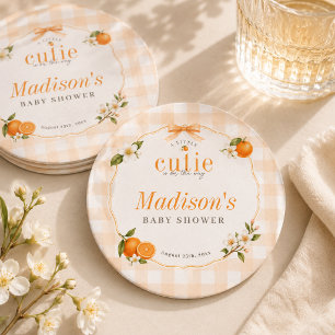 A Little Cutie Preppy Orange Gingham Baby Shower Round Paper Coaster