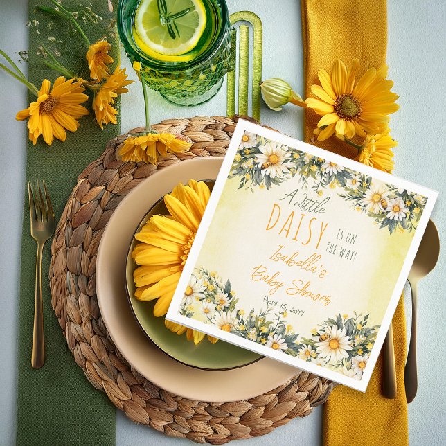 A Little Daisy Is On The Way Floral Baby Shower Napkin ("A Little Daisy Is On The Way!" Daisies Yellow, White and Green Floral Baby Shower Paper Napkins )