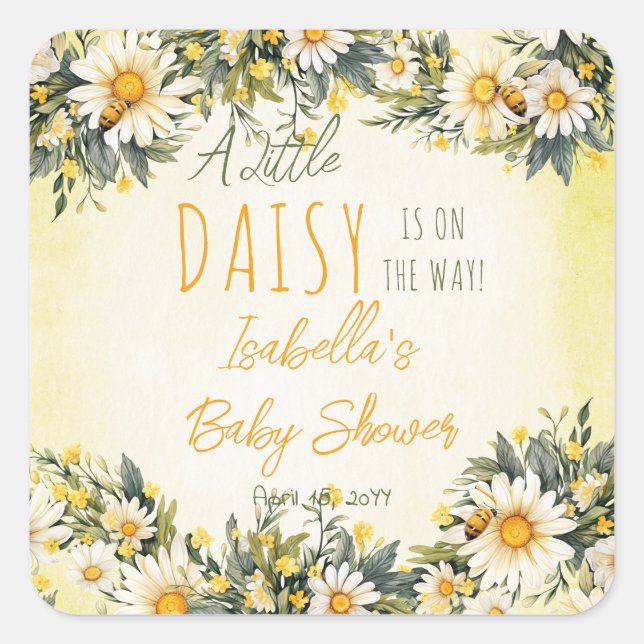 A Little Daisy Is On The Way Floral Baby Shower Square Sticker (Front)