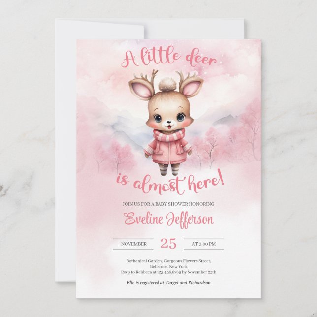 A little deer is almost here pink winter invitation (Front)