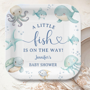 A Little Fish is On The Way Boy Ocean Baby Shower Paper Plate