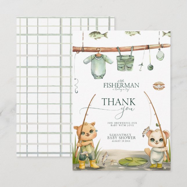 A Little Fisherman Is Reeling In joy Baby Shower Thank You Card (Front/Back)