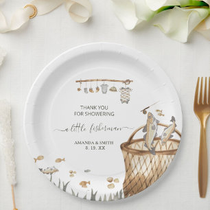 A Little Fisherman Watercolor Fishing Baby Shower  Paper Plate