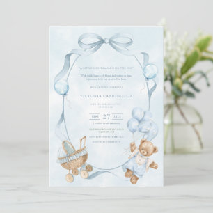 A Little Gentleman Blue Balloon Bear Baby Invitation