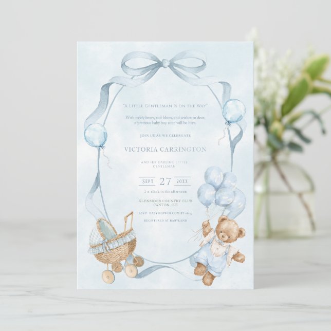 A Little Gentleman Blue Balloon Bear Baby Invitation (Standing Front)
