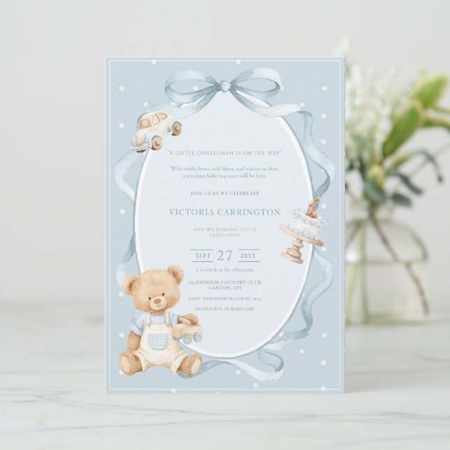A Little Gentleman Blue Boy Bear Baby  Invitation (Standing Front)