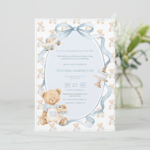 A Little Gentleman Blue Boy Bear Baby  Invitation