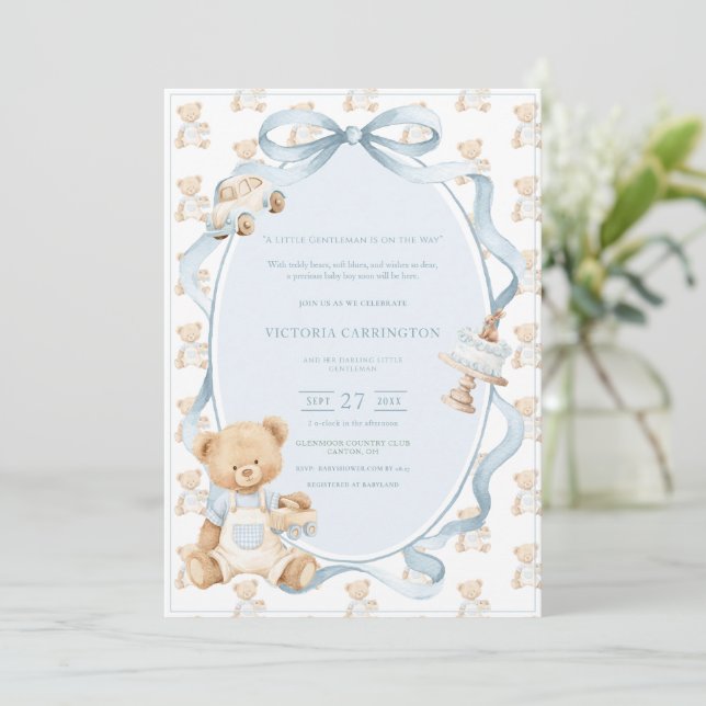 A Little Gentleman Blue Boy Bear Baby  Invitation (Standing Front)