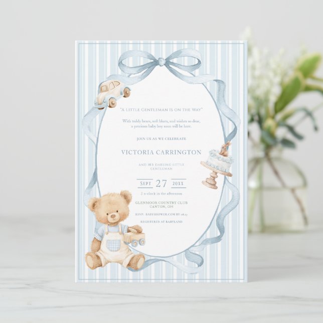 A Little Gentleman Blue Boy Bear Stripe Baby  Invitation (Standing Front)