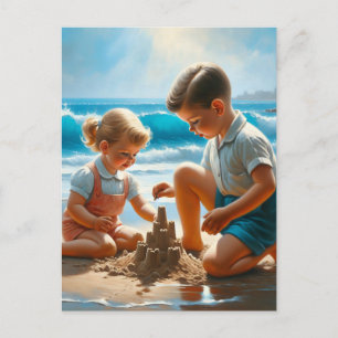 A Little Girl and Boy Building a Sandcastle Postcard