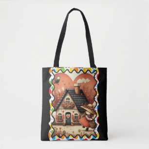 A little girl runs in front of a house tote bag